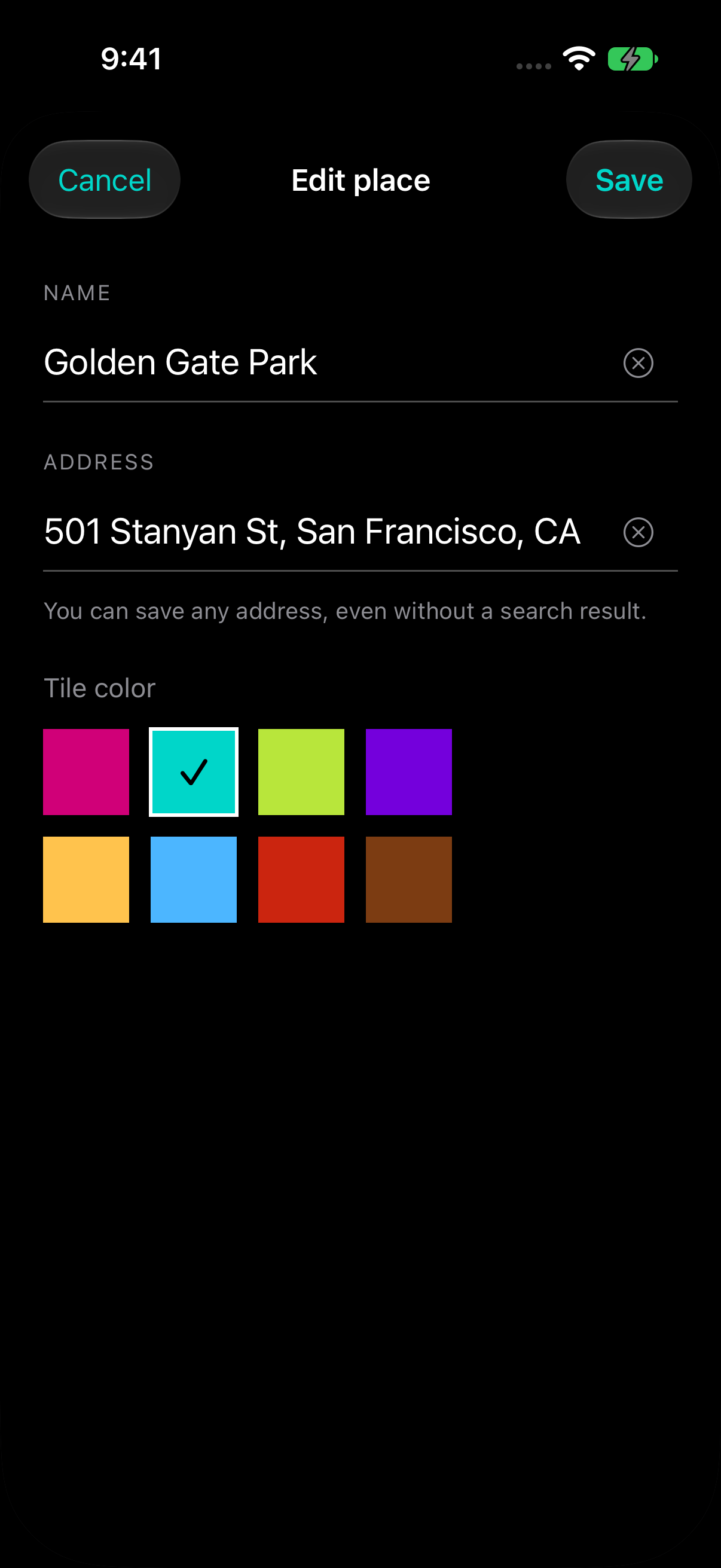 Maps iPhone editor with an address and color choices