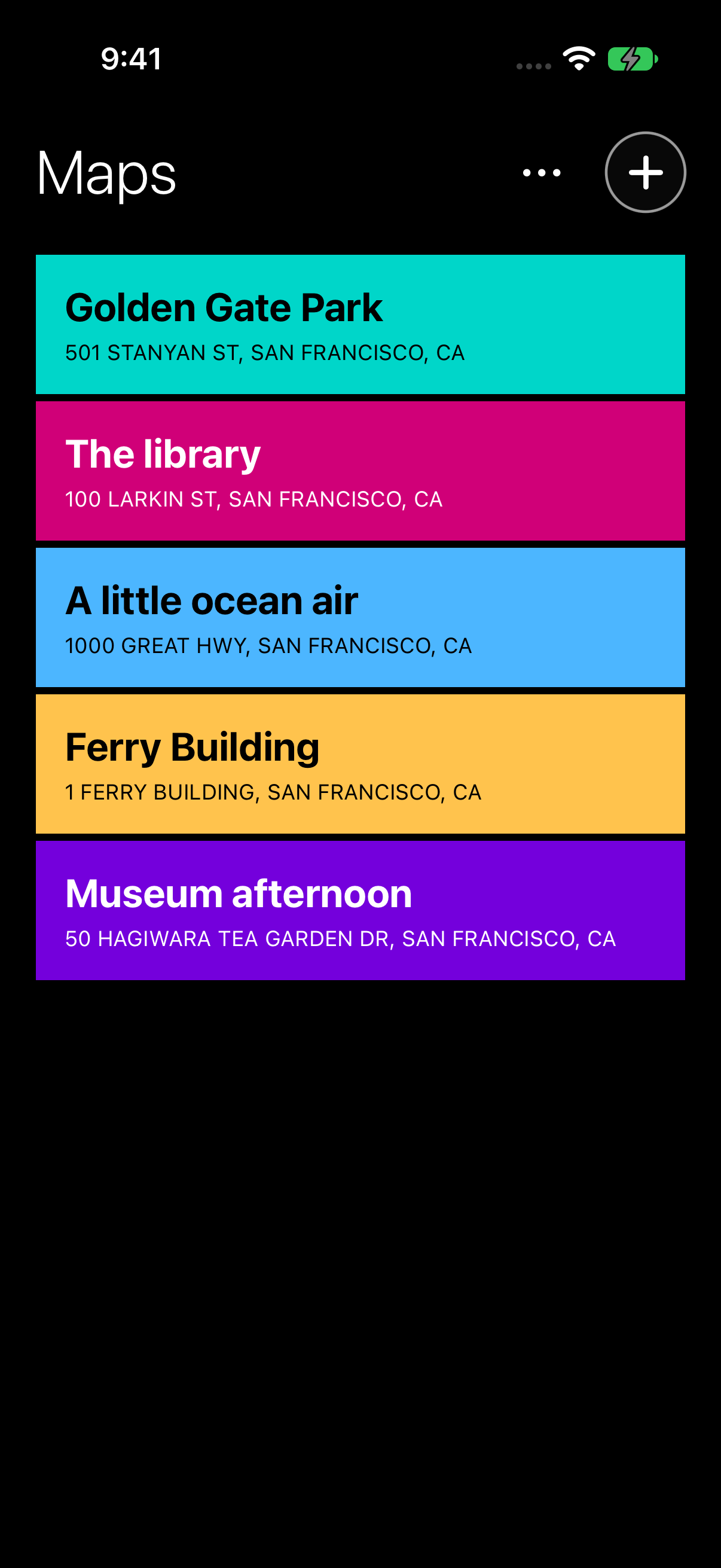 Maps on iPhone with colorful saved destination tiles
