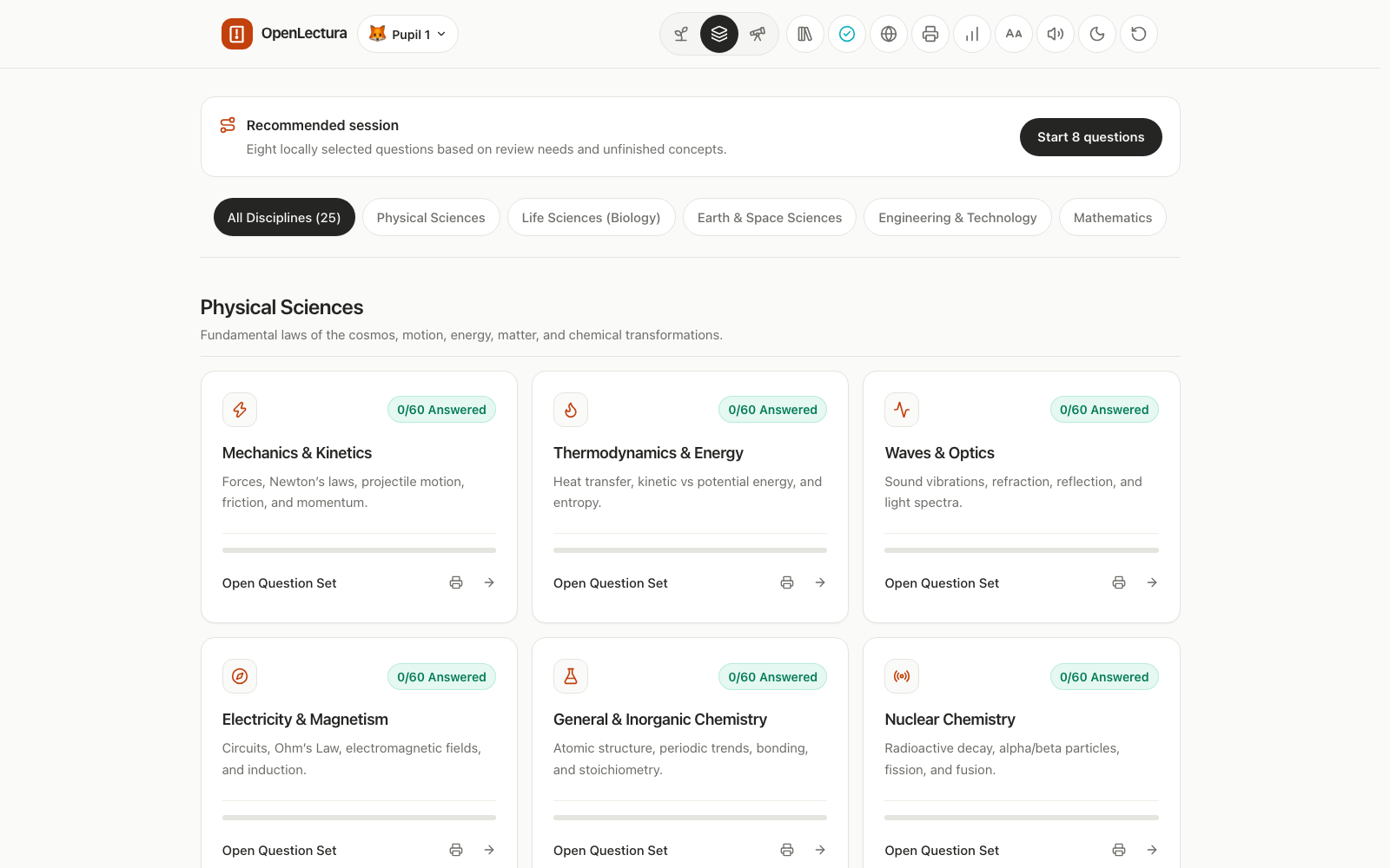 OpenLectura curriculum browser showing the recommended session, tier controls, discipline filters, and specialty cards