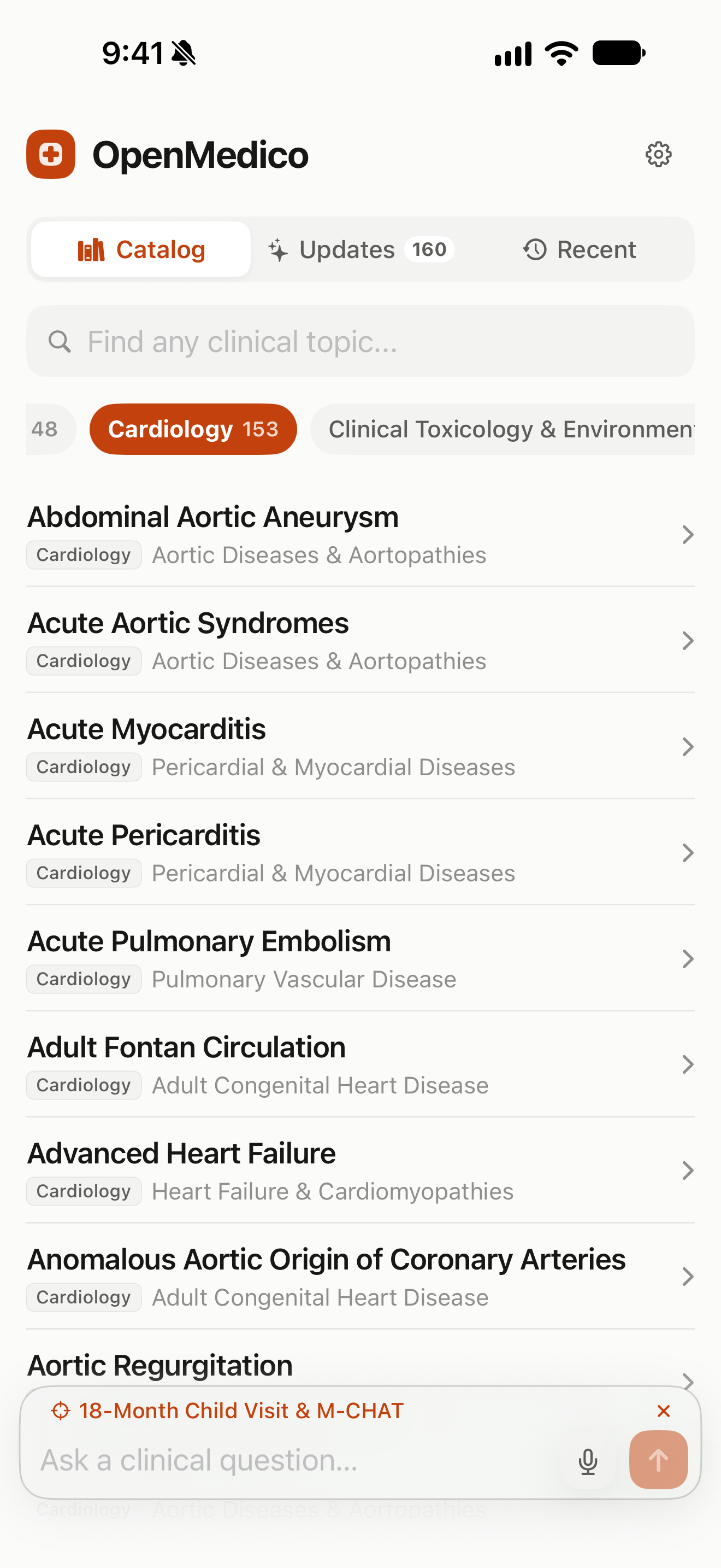 OpenMedico on a physical iPhone: Cardiology topics