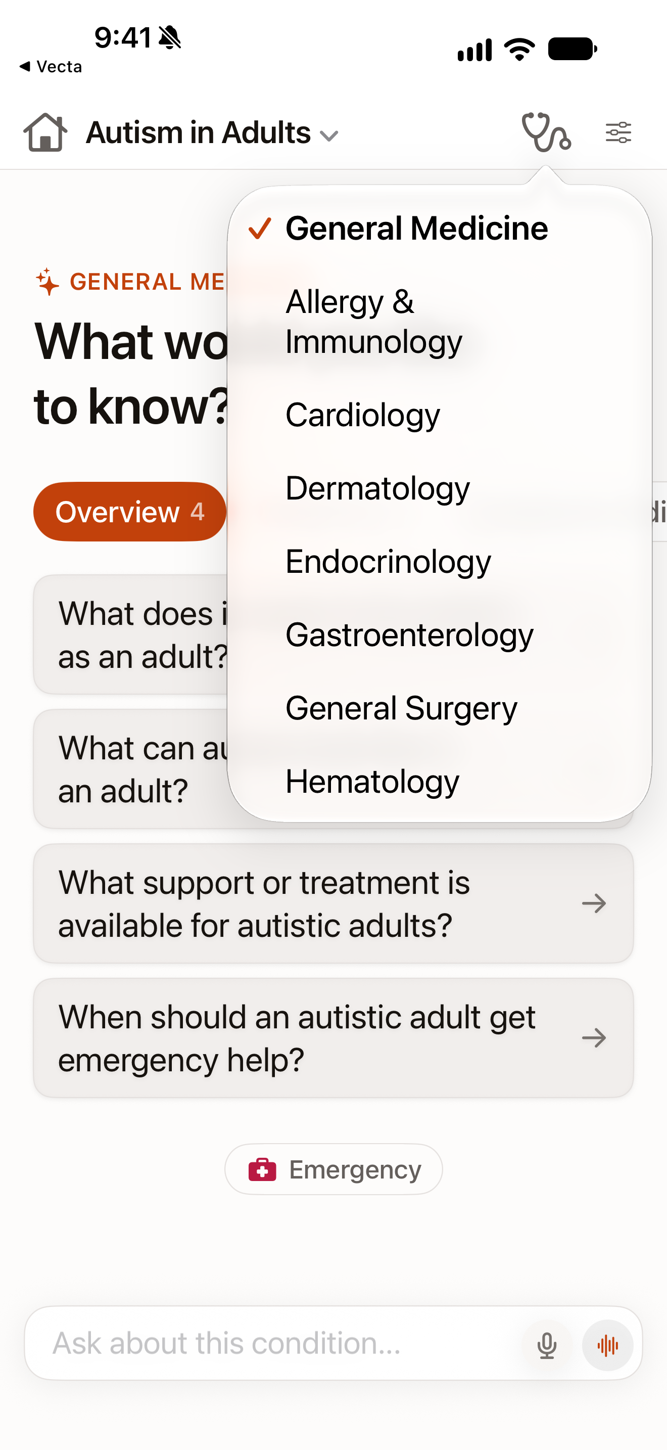 OpenVisit on a physical iPhone: Specialty picker