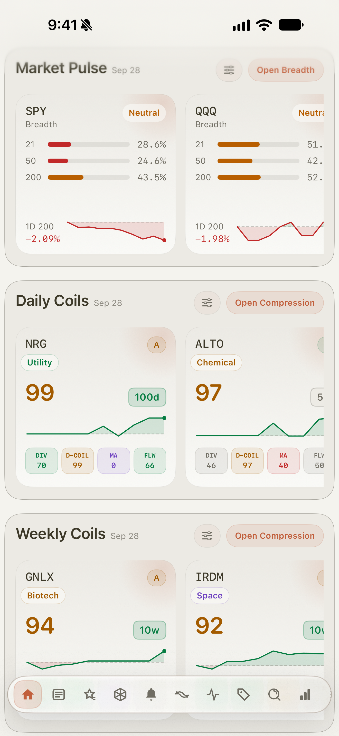 Vecta on iPhone: Dashboard, actual app data