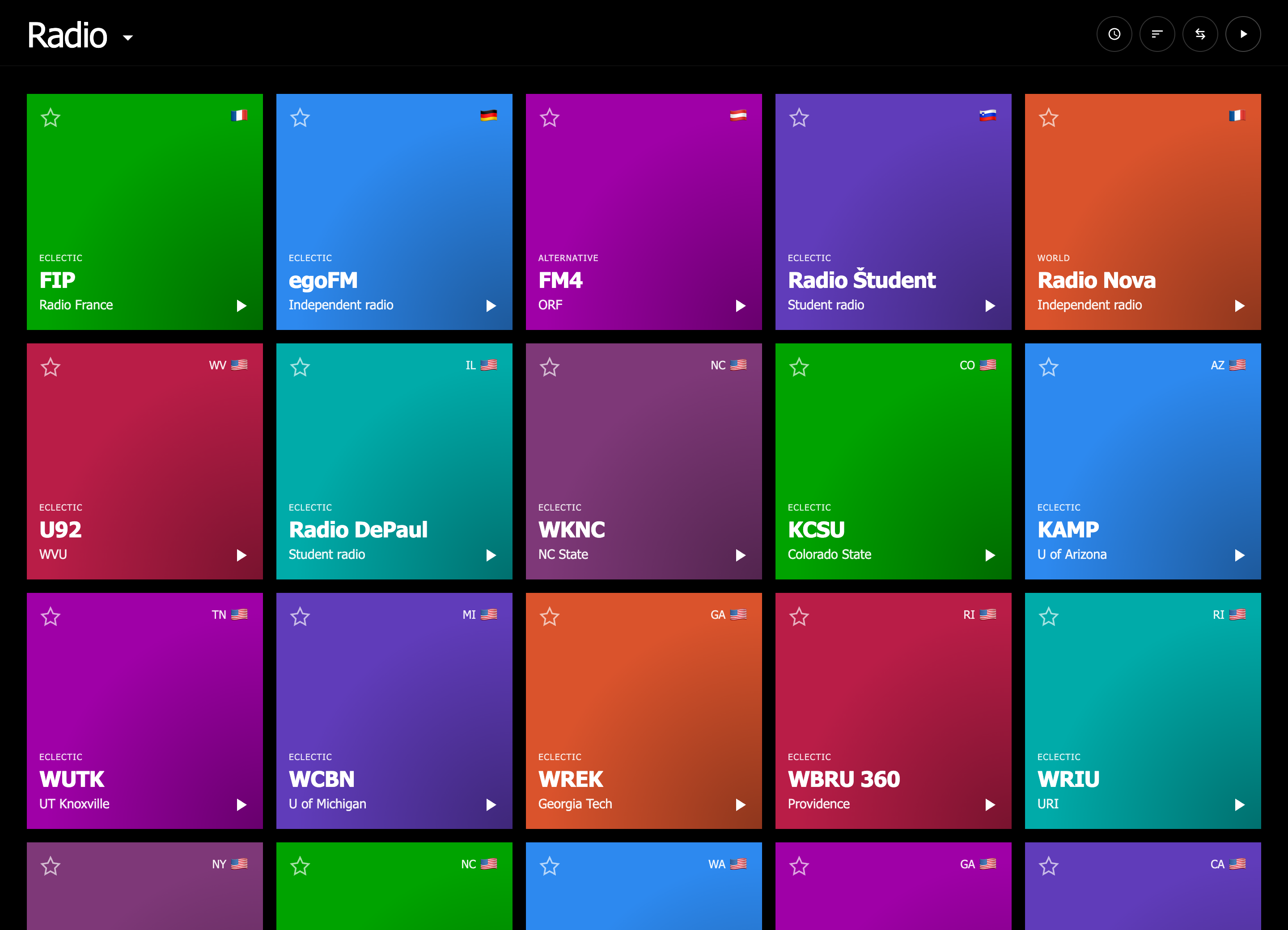 Actual Radio app showing its colorful grid of international and U.S. stations
