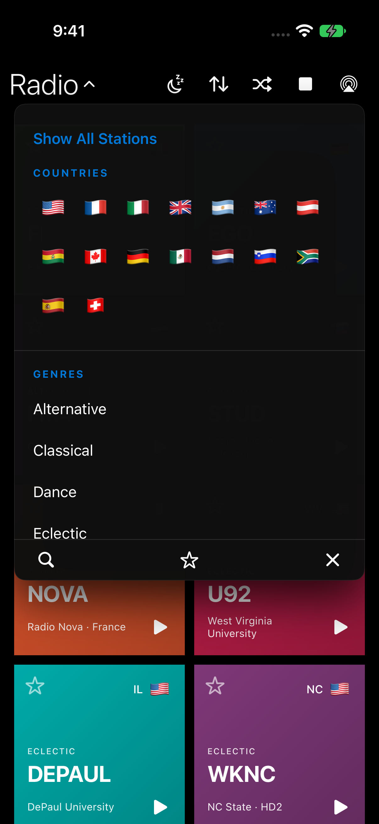 Actual Swift Radio country and genre menu, captured in the iPhone simulator