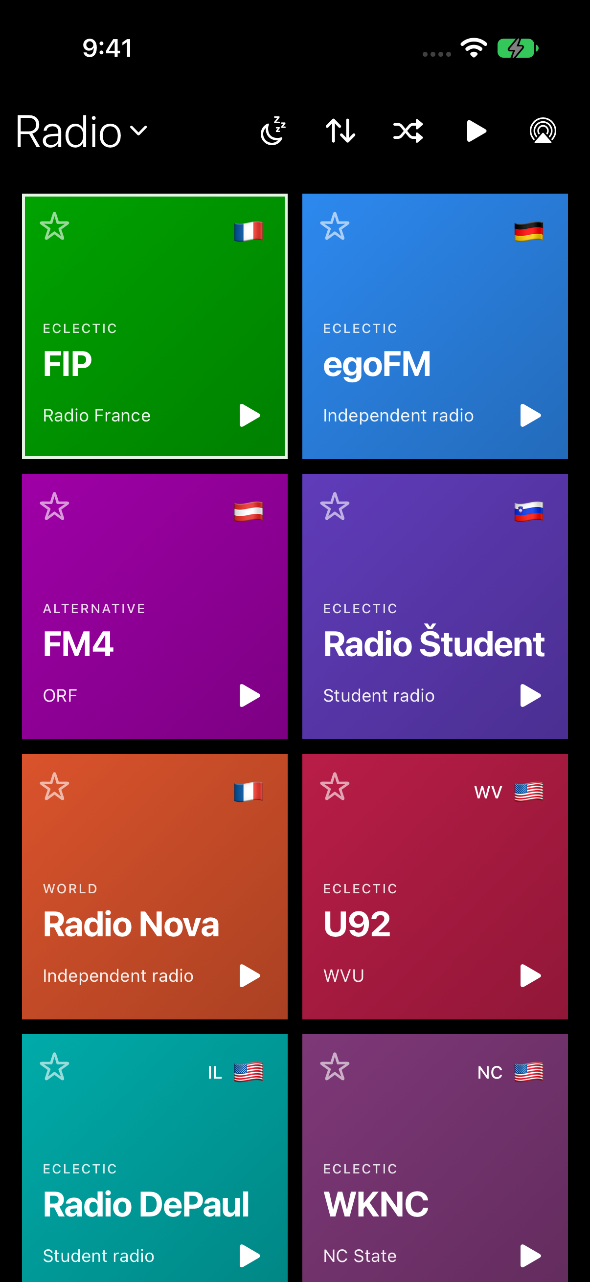 Actual Swift Radio app in the iPhone simulator, with station details and corner controls