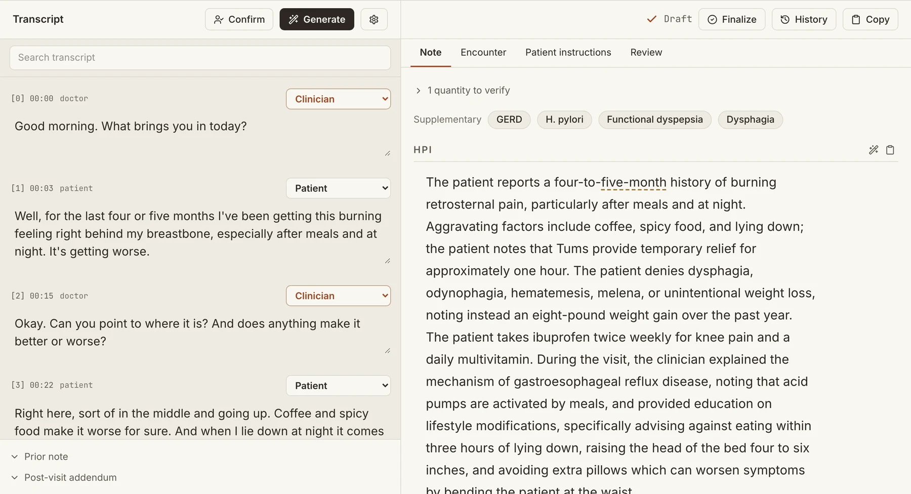 Complete Transcribe app window with a fictional visit transcript beside its draft clinical note