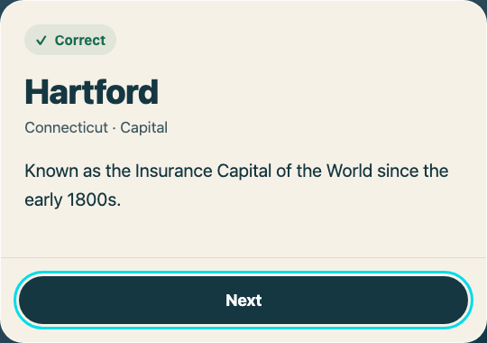 Actual US Map answer card with a fact about Hartford