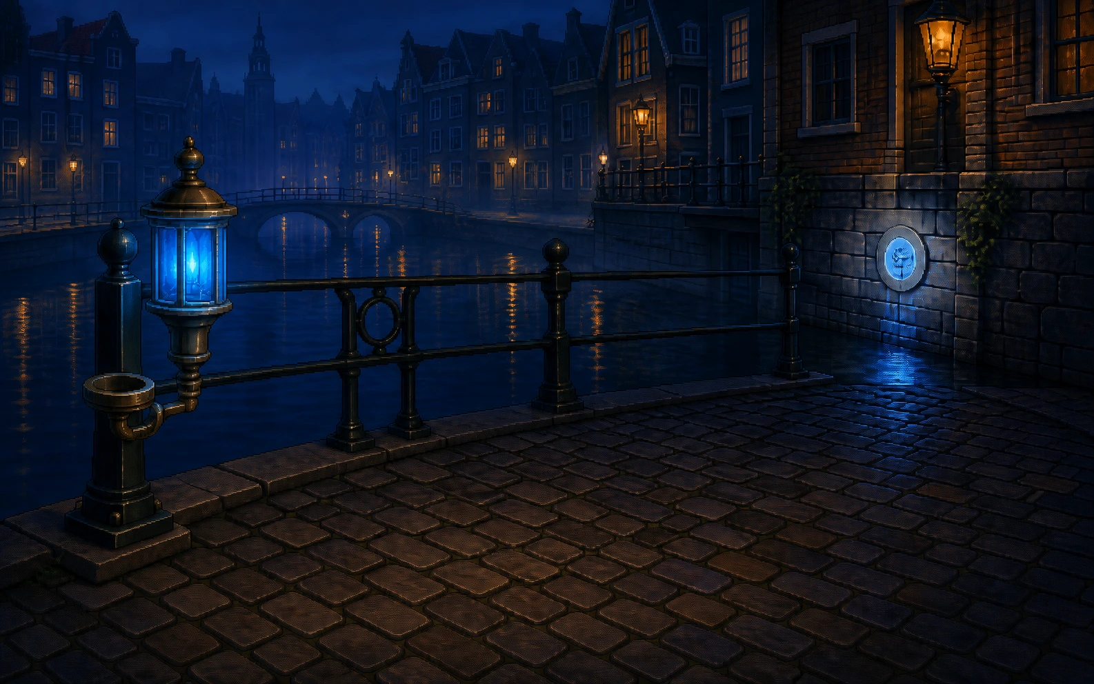 A lantern-lit canal bridge