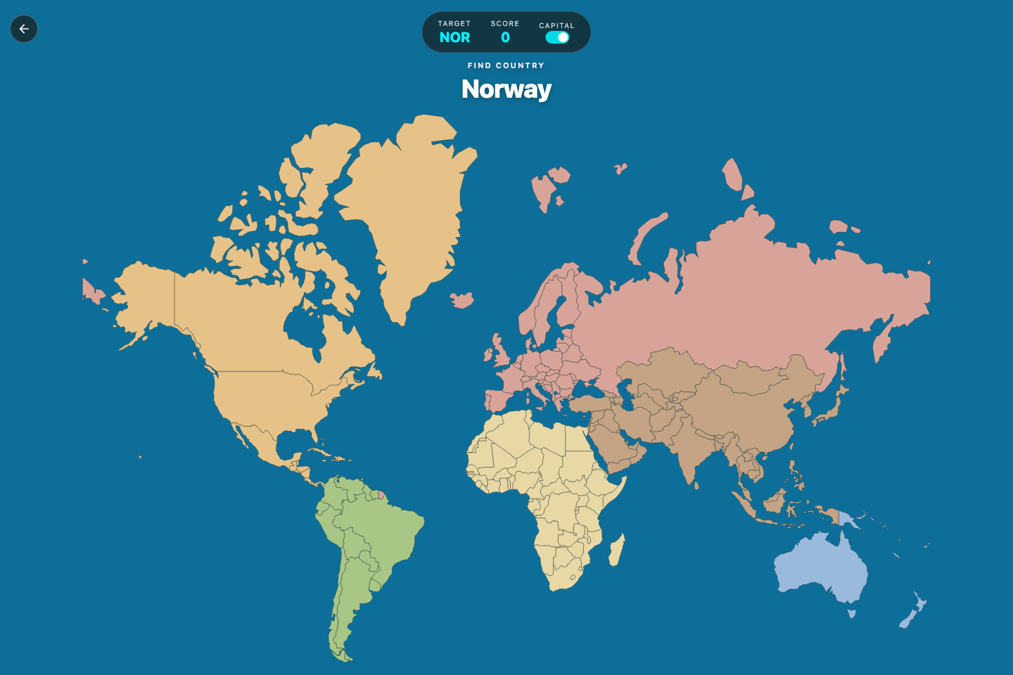 Actual World Map country-location quiz