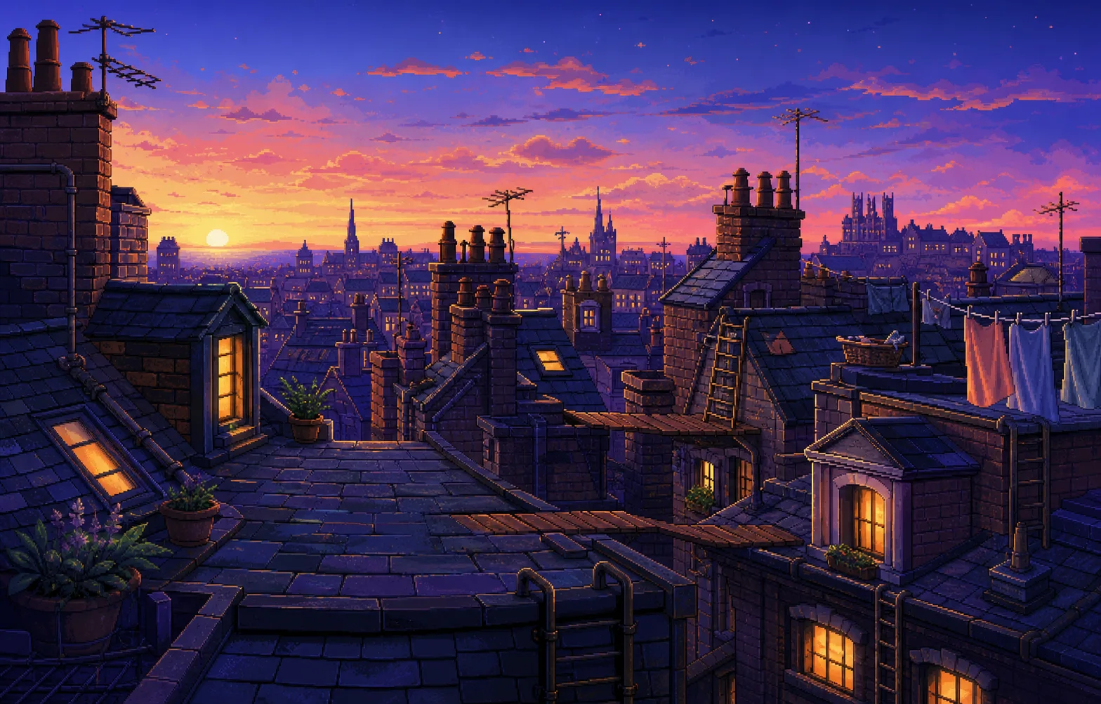 A sunset over the illustrated rooftops of Whisker Way